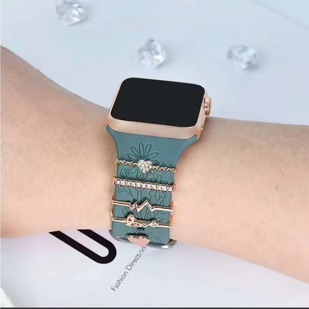 NWT-Silver Heart & Crystal Charm Set for Black Smartwatch Band